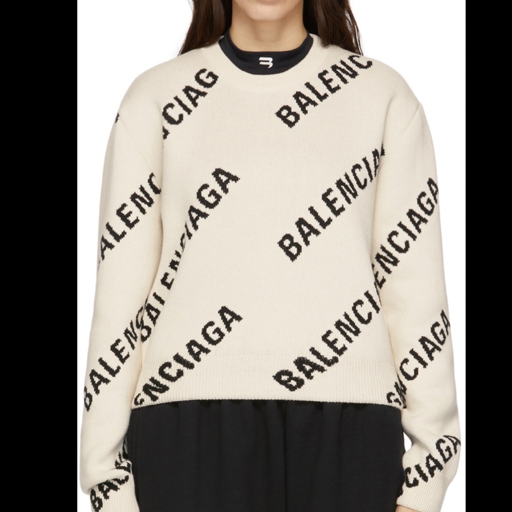 NEW Balenciaga Off-White Cropped Allover Logo Sweater XS